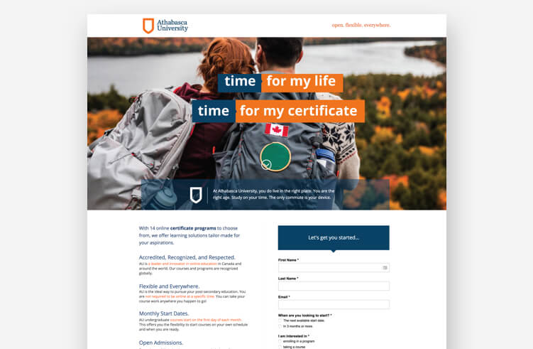 Athabasca University good landing page example