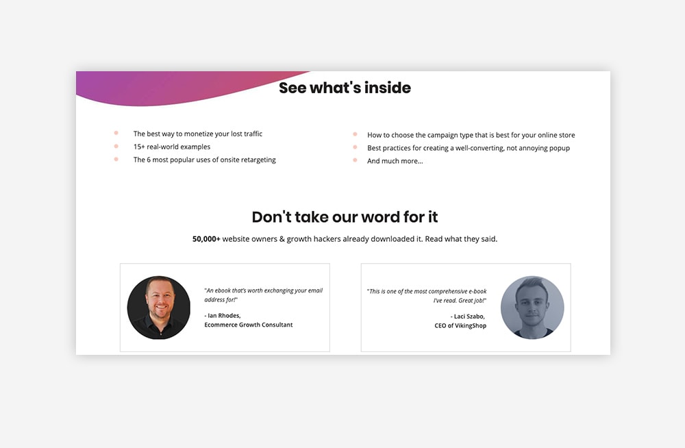 Testimonial section of the Optimonk ebook landing page