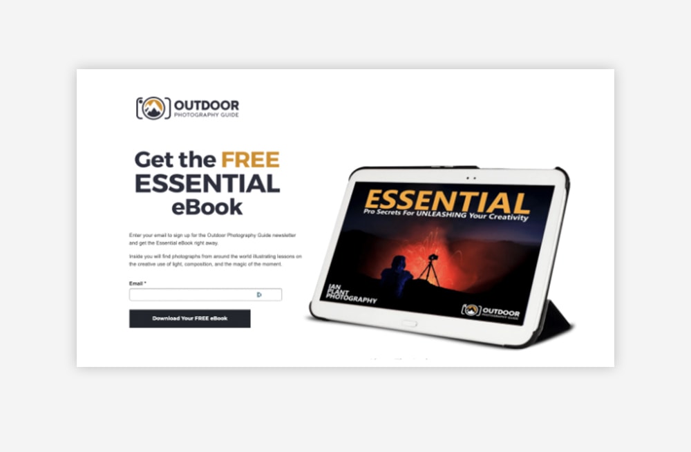 Ebook landing page for Outdoor Photography Guide