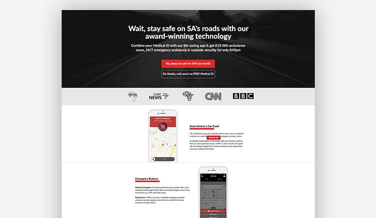 App landing pages: Crash Detech