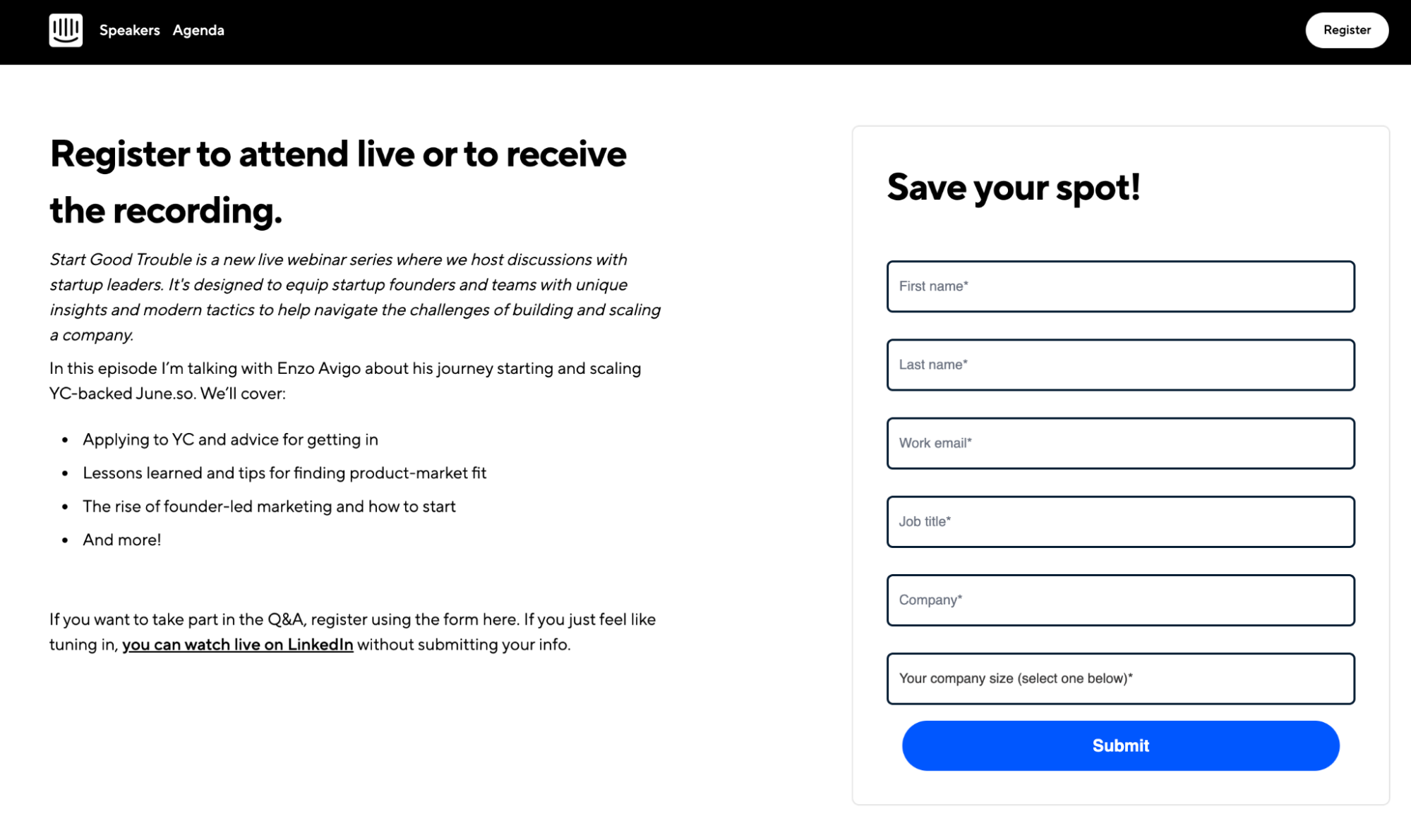 Intercom webinar lead capture landing page example screenshot