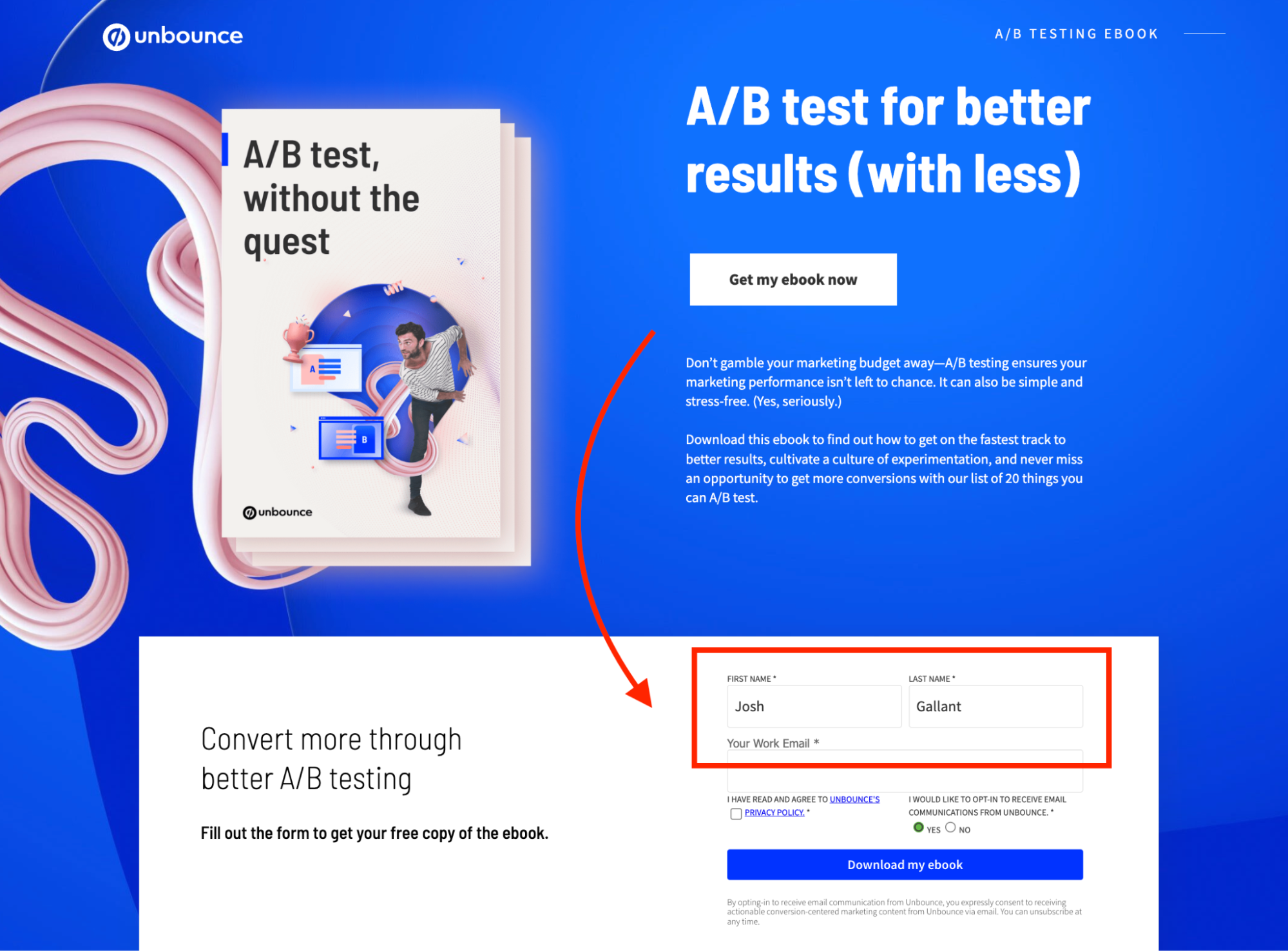 Unbounce A/B testing ebook download lead capture landing page example screenshot