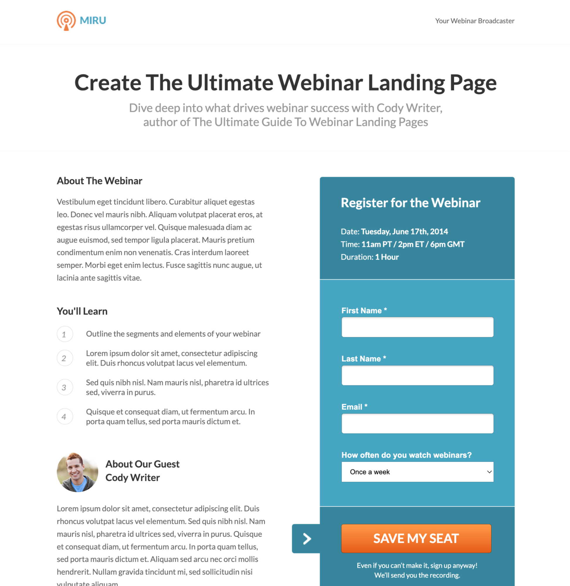 Webinar TOFU sales funnel landing page example