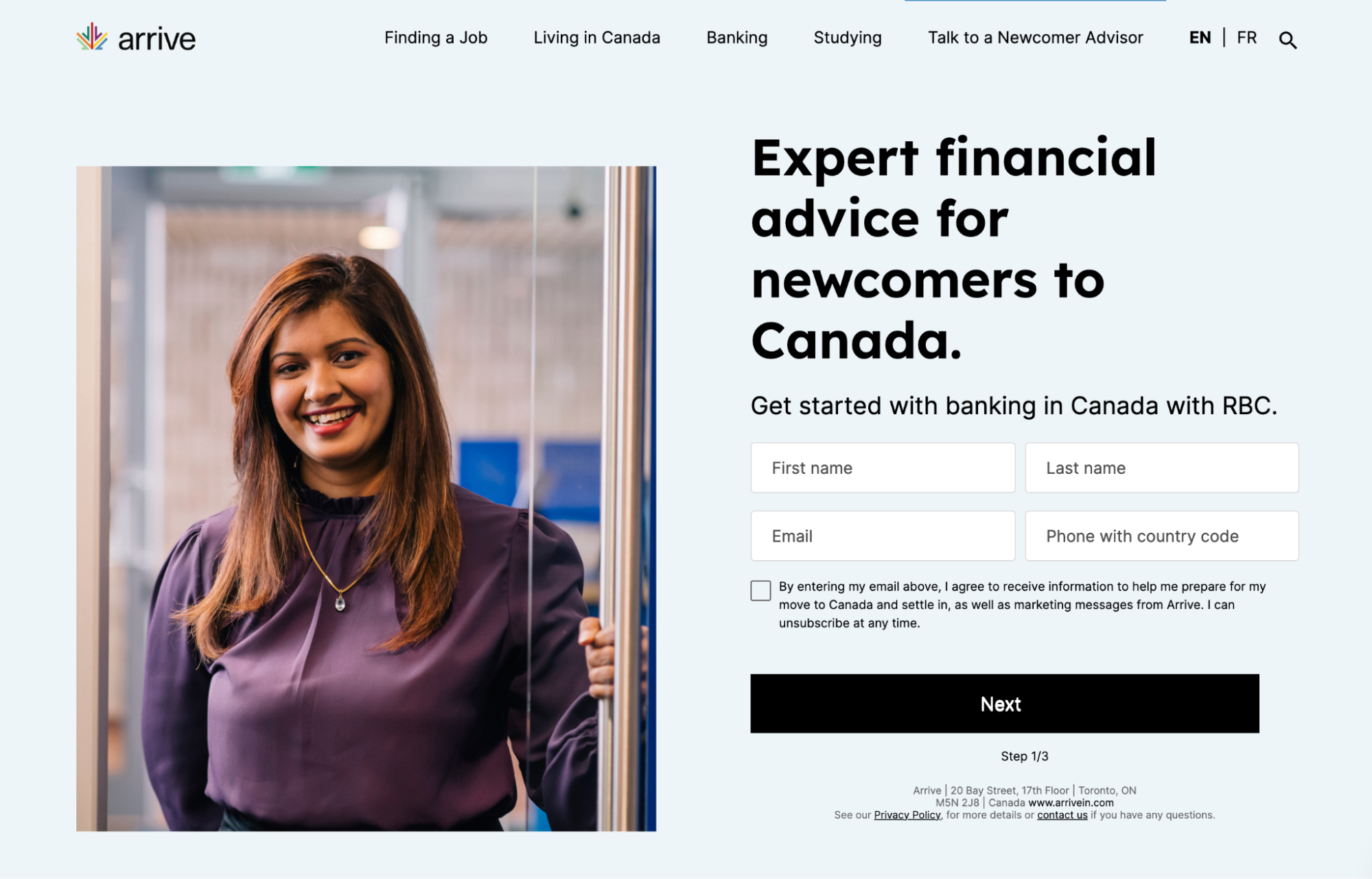 Arrive financial lead capture landing page example screenshot