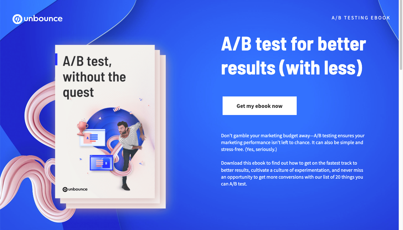 Screenshot of the hero section of the Unbounce A/B testing ebook landing page